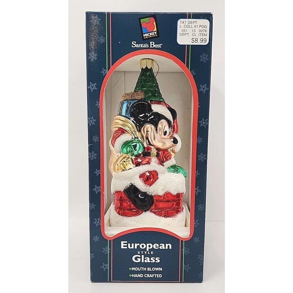 Vtg‎ Disney 1997 Mickey Mouse Santa Blown glass Christmas ornament Large 7” Tall